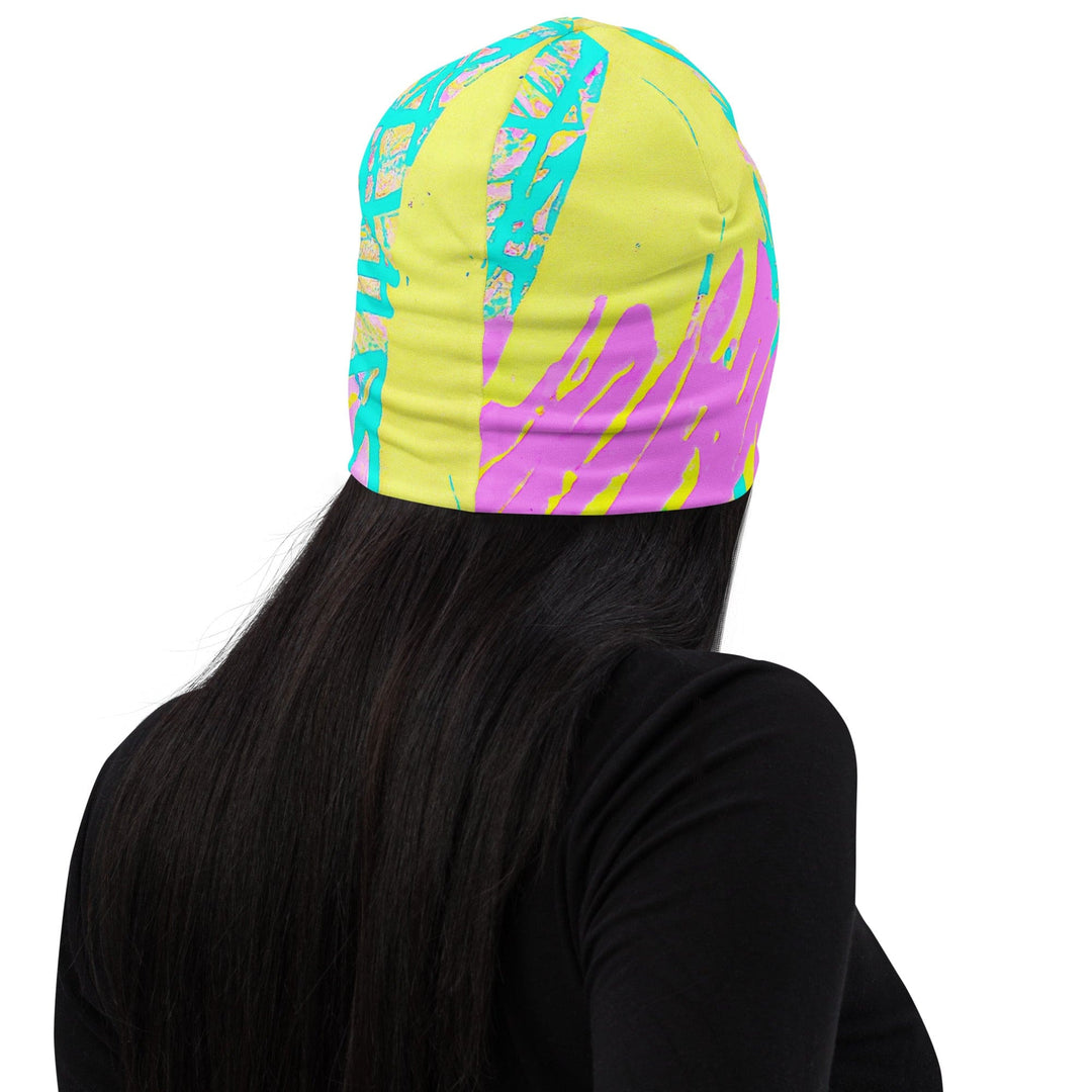 Double-layered Beanie Hat Cyan Blue Lime Green and Pink Pattern - Unisex