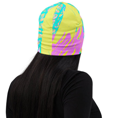 Double-layered Beanie Hat Cyan Blue Lime Green And Pink Pattern