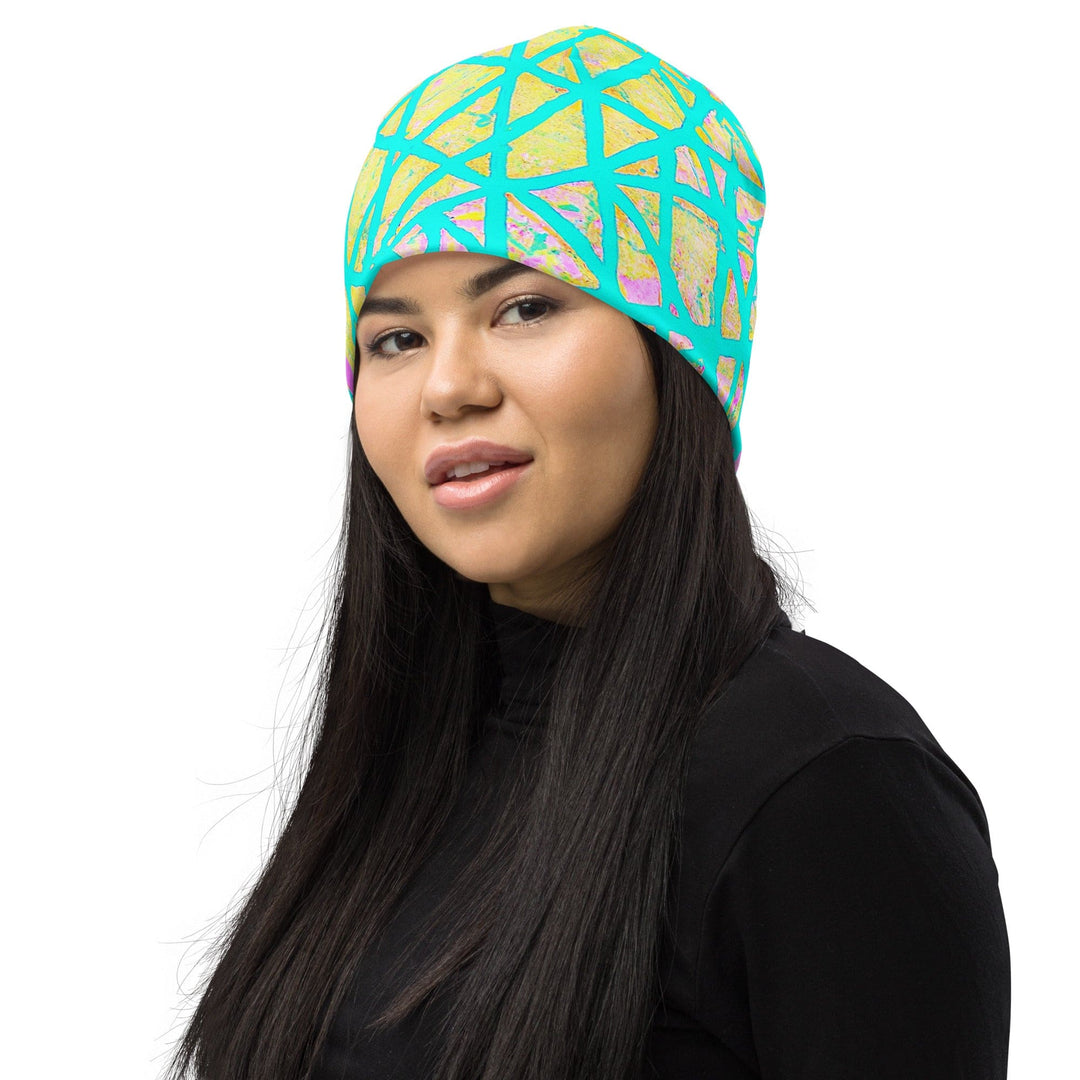 Double-layered Beanie Hat Cyan Blue Lime Green and Pink Pattern - Unisex