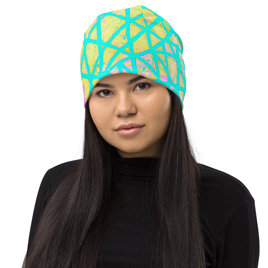 Double-layered Beanie Hat Cyan Blue Lime Green and Pink Pattern - Unisex