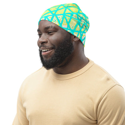 Double-layered Beanie Hat Cyan Blue Lime Green And White Pattern 2