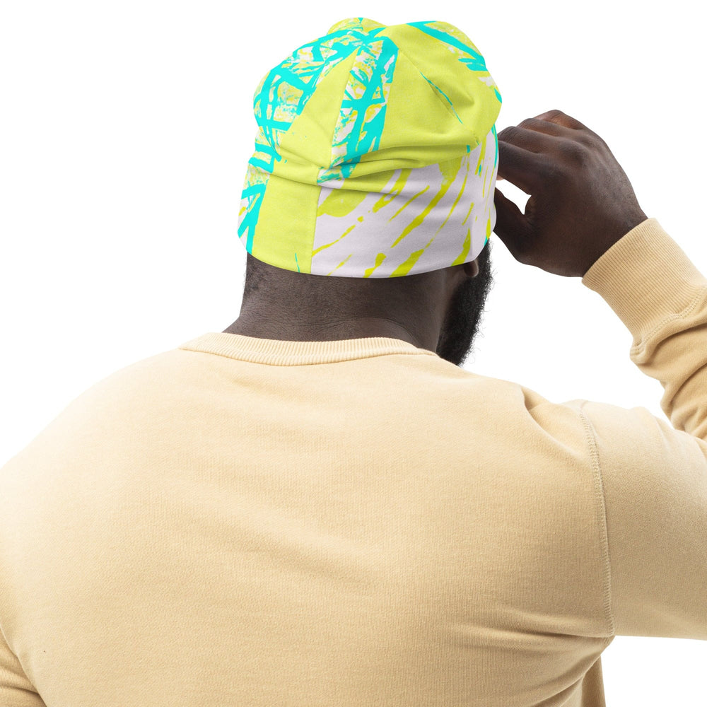 Double-layered Beanie Hat Cyan Blue Lime Green and White Pattern 2 - Unisex