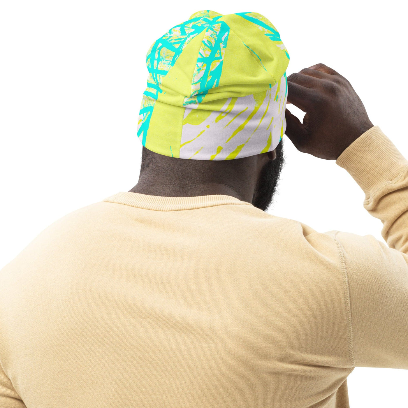 Double-layered Beanie Hat Cyan Blue Lime Green And White Pattern 2