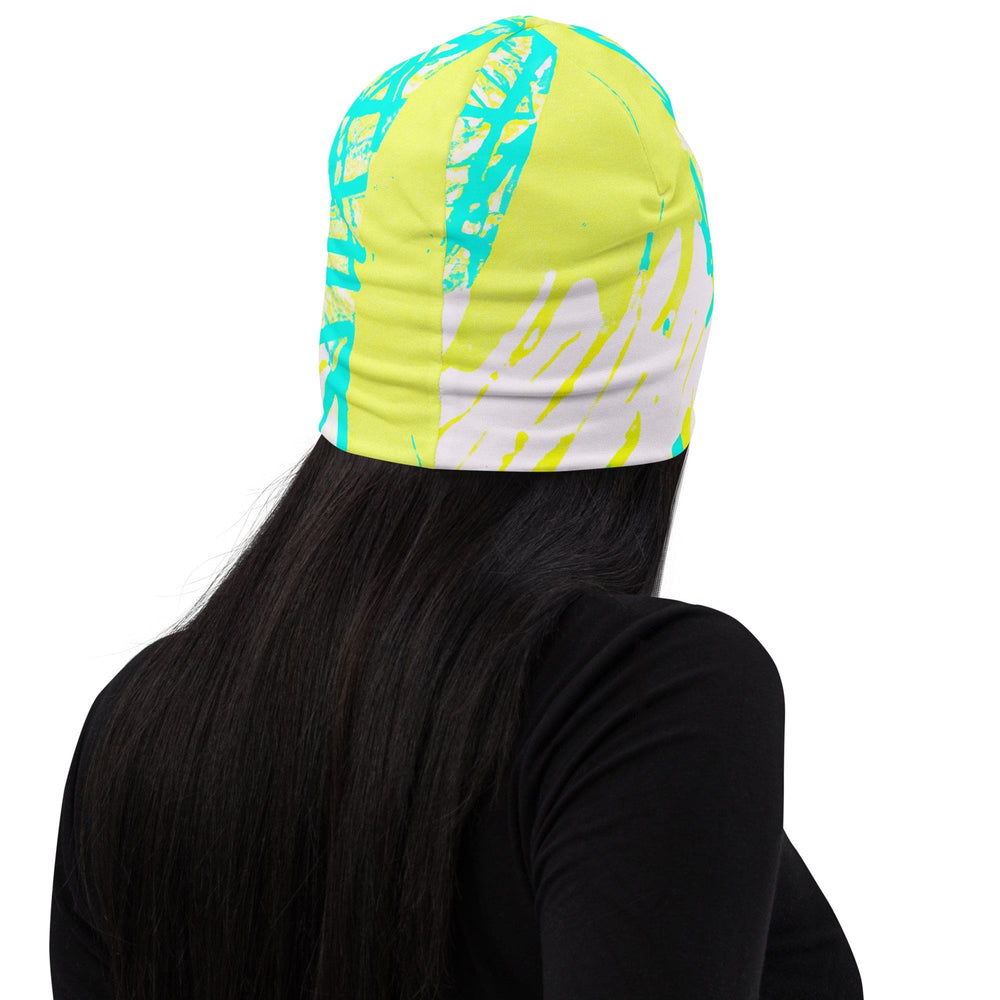 Double-layered Beanie Hat Cyan Blue Lime Green and White Pattern - Unisex