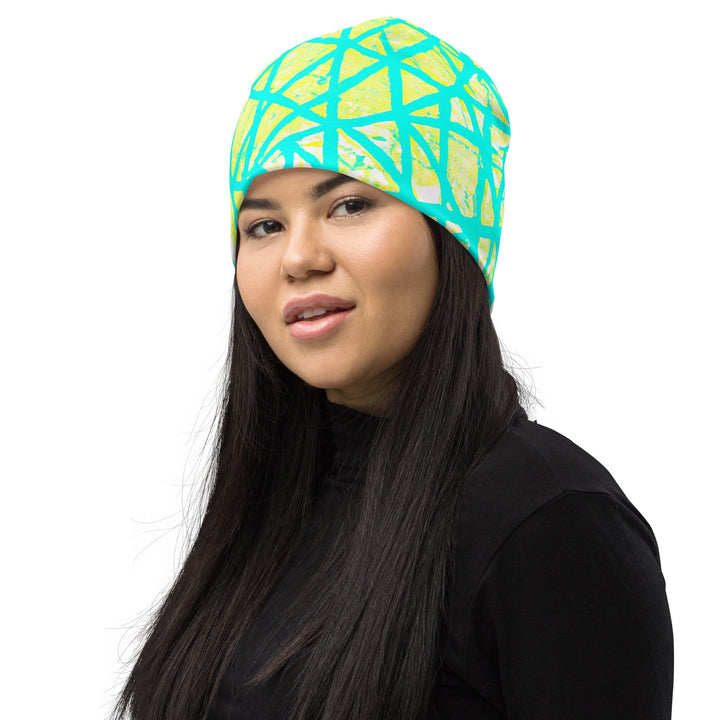 Double-layered Beanie Hat Cyan Blue Lime Green and White Pattern - Unisex