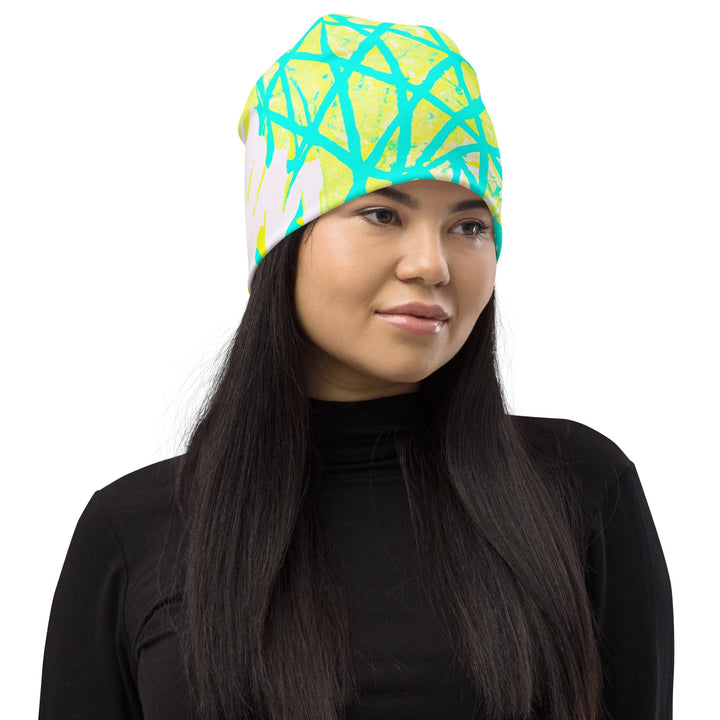 Double-layered Beanie Hat Cyan Blue Lime Green and White Pattern - Unisex