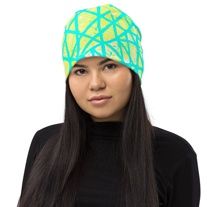 Double-layered Beanie Hat Cyan Blue Lime Green and White Pattern - Unisex