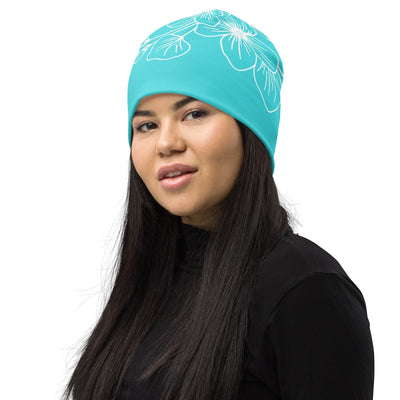 Double-layered Beanie Hat Floral Cyan Blue 7022523