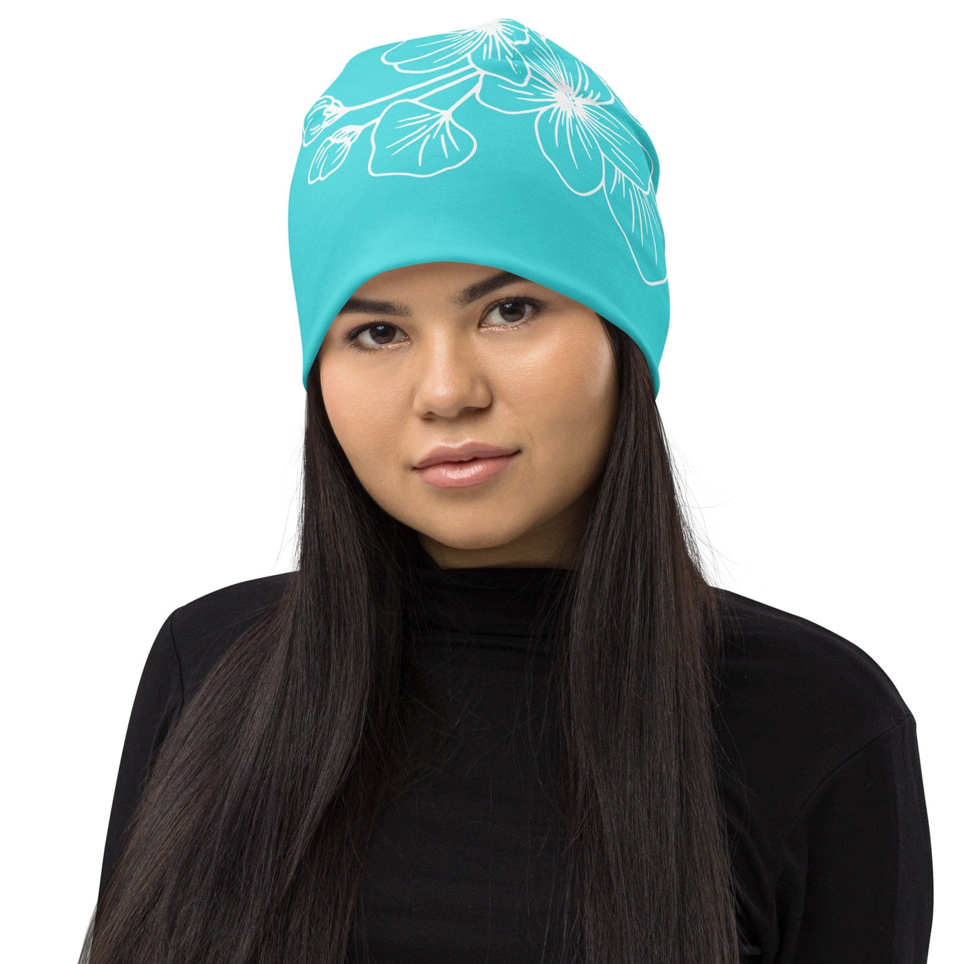 Double-layered Beanie Hat Floral Cyan Blue 7022523