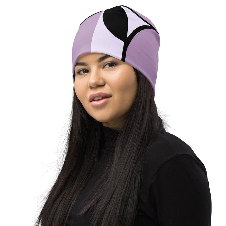 Double-layered Beanie Hat Geometric Lavender and Black Pattern 4 - Unisex