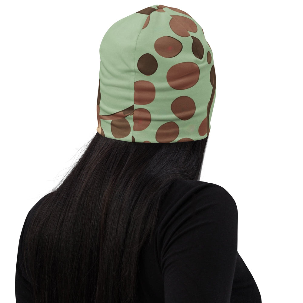 Double-layered Beanie Hat Green Beige Spotted Print 2 - Unisex | Beanie Hats