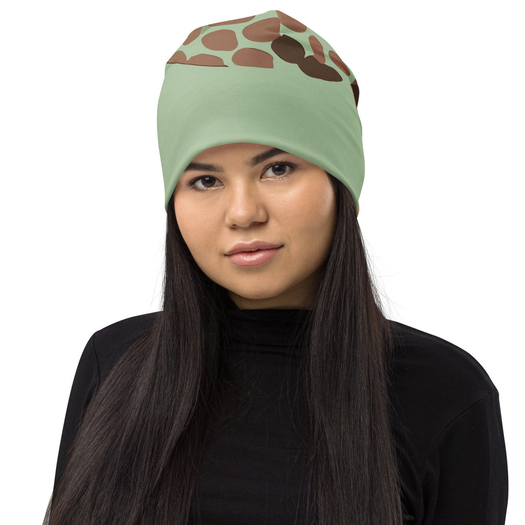 Double-layered Beanie Hat Green Beige Spotted Print 2 - Unisex | Beanie Hats