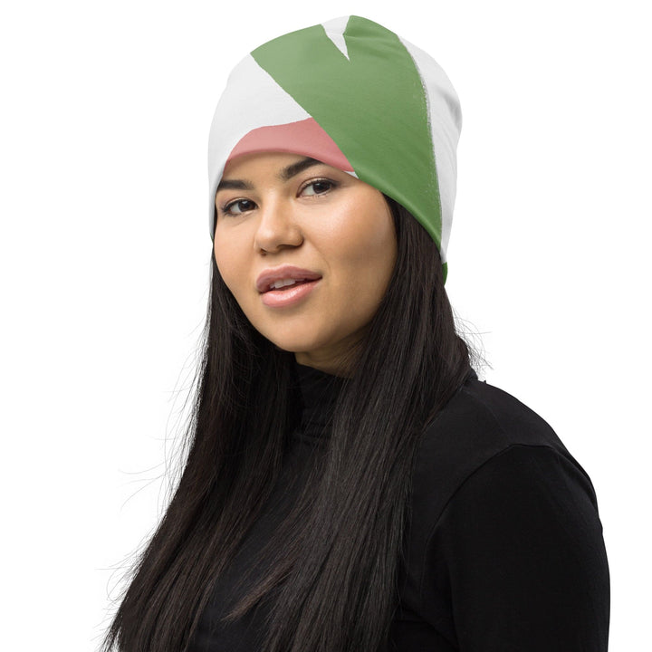 Double-layered Beanie Hat Green Mauve Abstract Brush Stroke Pattern 2 - Unisex