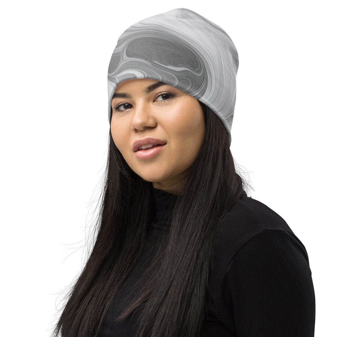 Double-layered Beanie Hat Grey White Boho Marble Print 2 - Unisex | Beanie Hats