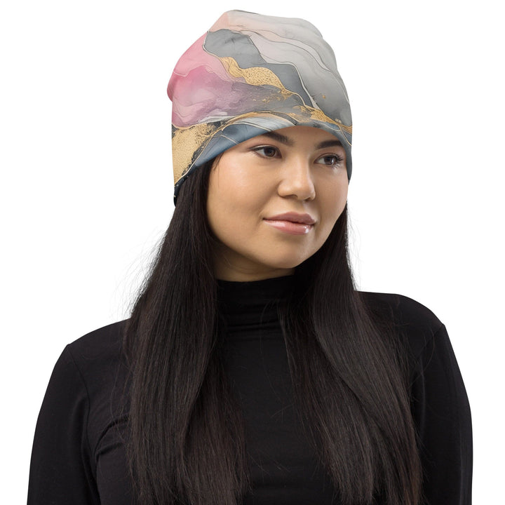 Double-layered Beanie Hat Marble Cloud of Grey Pink Blue 63389 2 - Unisex