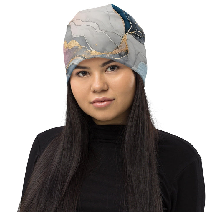 Double-layered Beanie Hat Marble Cloud of Grey Pink Blue 63389 2 - Unisex