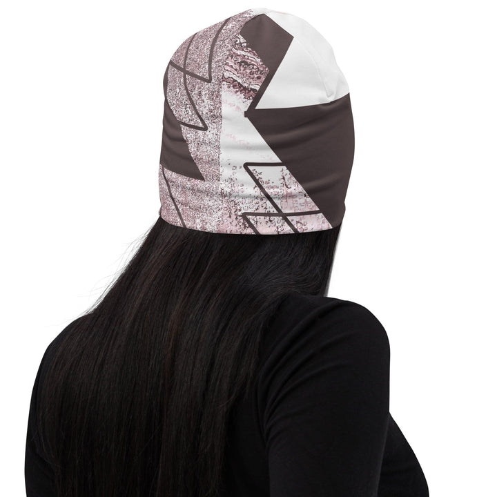 Double-layered Beanie Hat Mauve Rose and White Triangular Colorblock 2 - Unisex