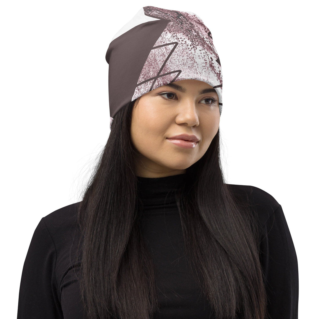 Double-layered Beanie Hat Mauve Rose and White Triangular Colorblock 2 - Unisex