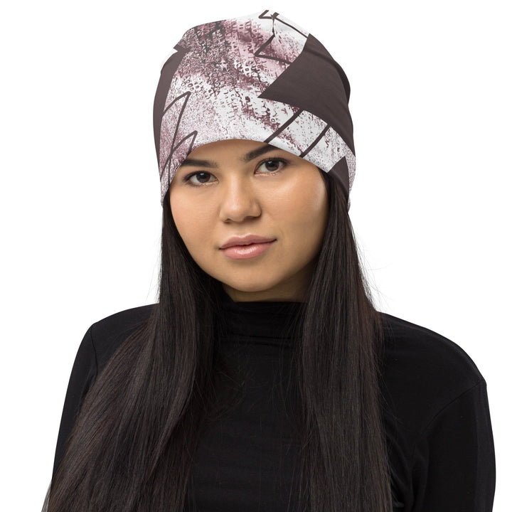 Double-layered Beanie Hat Mauve Rose and White Triangular Colorblock 2 - Unisex