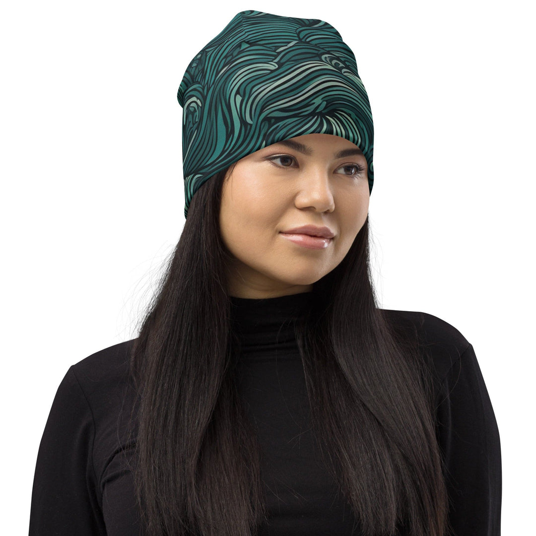 Double-layered Beanie Hat Mint Green Water Wave Print 2 - Unisex | Beanie Hats