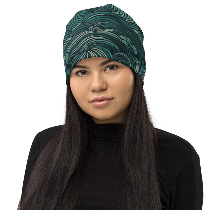 Double-layered Beanie Hat Mint Green Water Wave Print 2 - Unisex | Beanie Hats