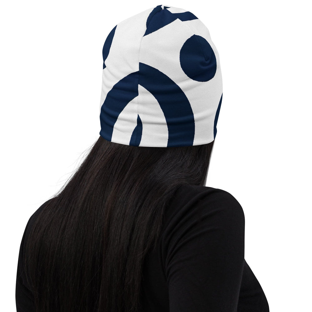 Double-layered Beanie Hat Navy Blue and White Circular Pattern 2 - Unisex