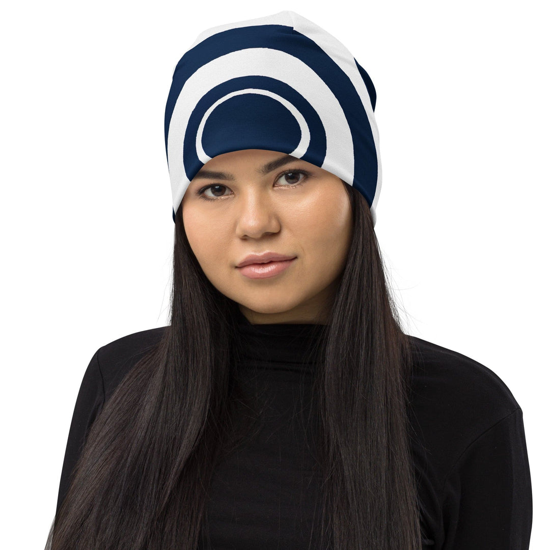 Double-layered Beanie Hat Navy Blue and White Circular Pattern 2 - Unisex