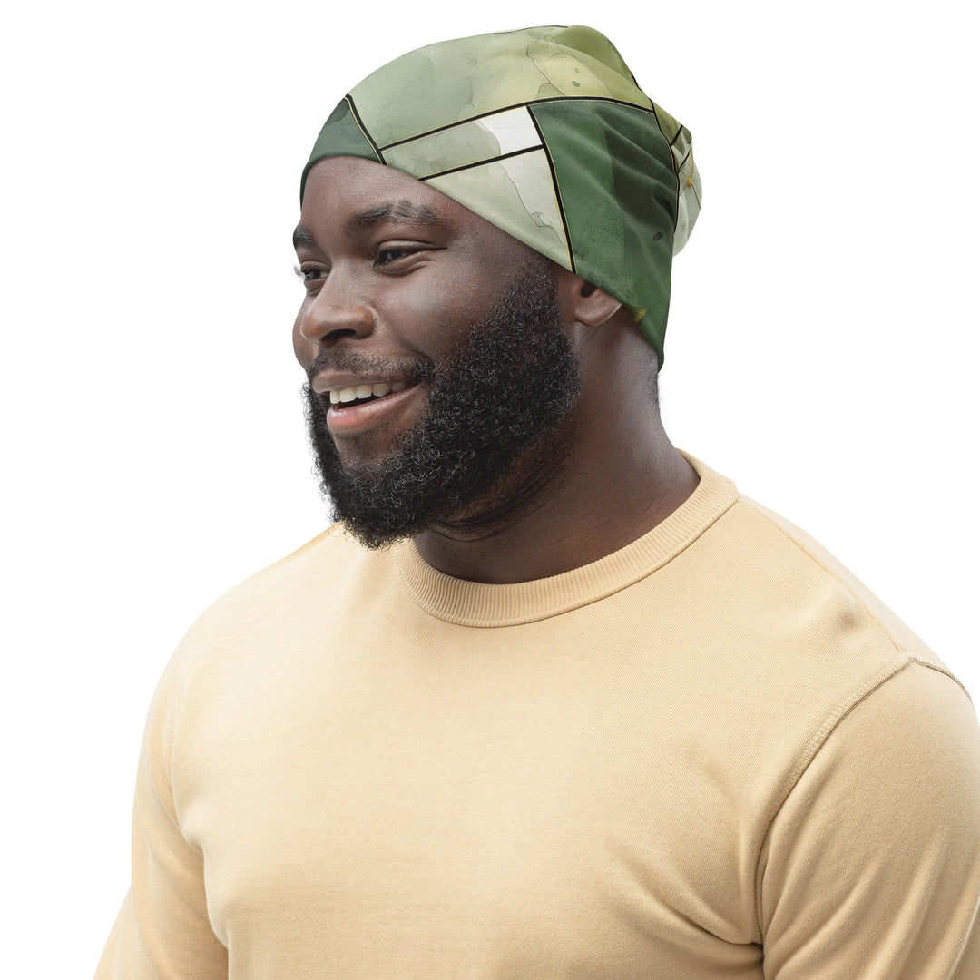 Double-layered Beanie Hat Olive Green Mint Leaf Geometric Print - Unisex