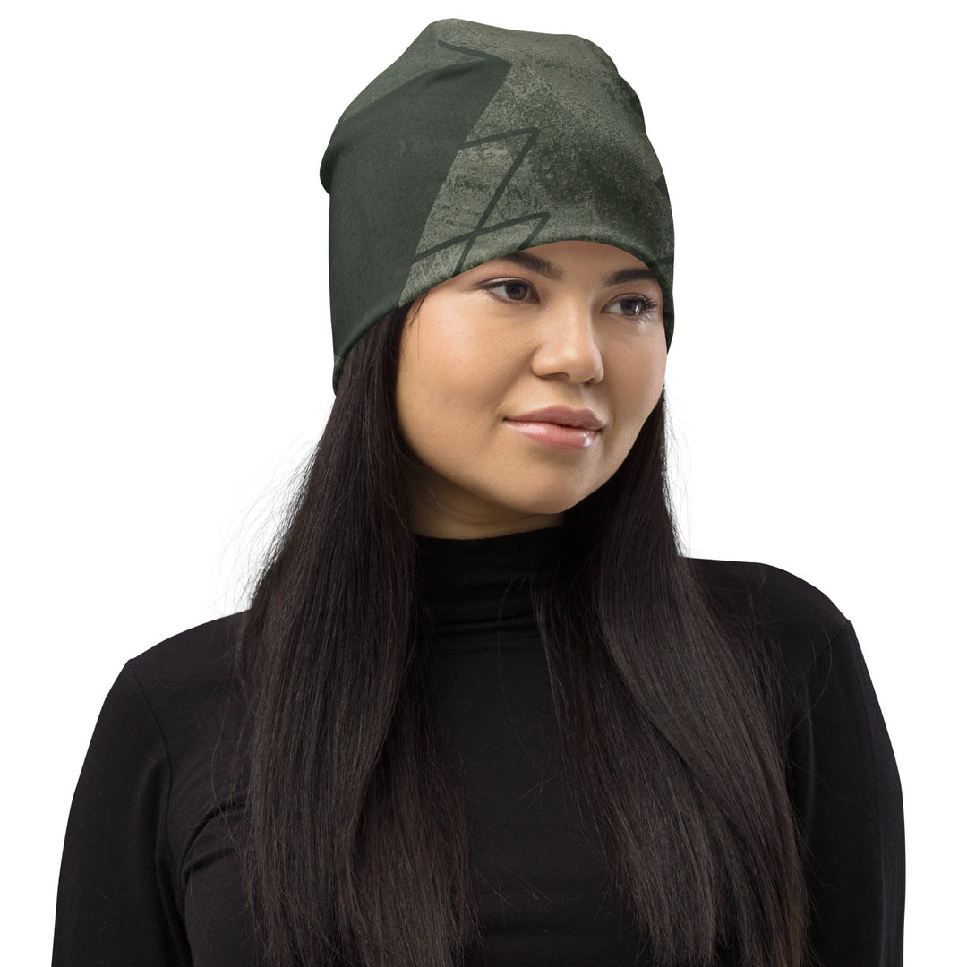 Double-layered Beanie Hat Olive Green Triangular Colorblock 2 - Unisex | Beanie