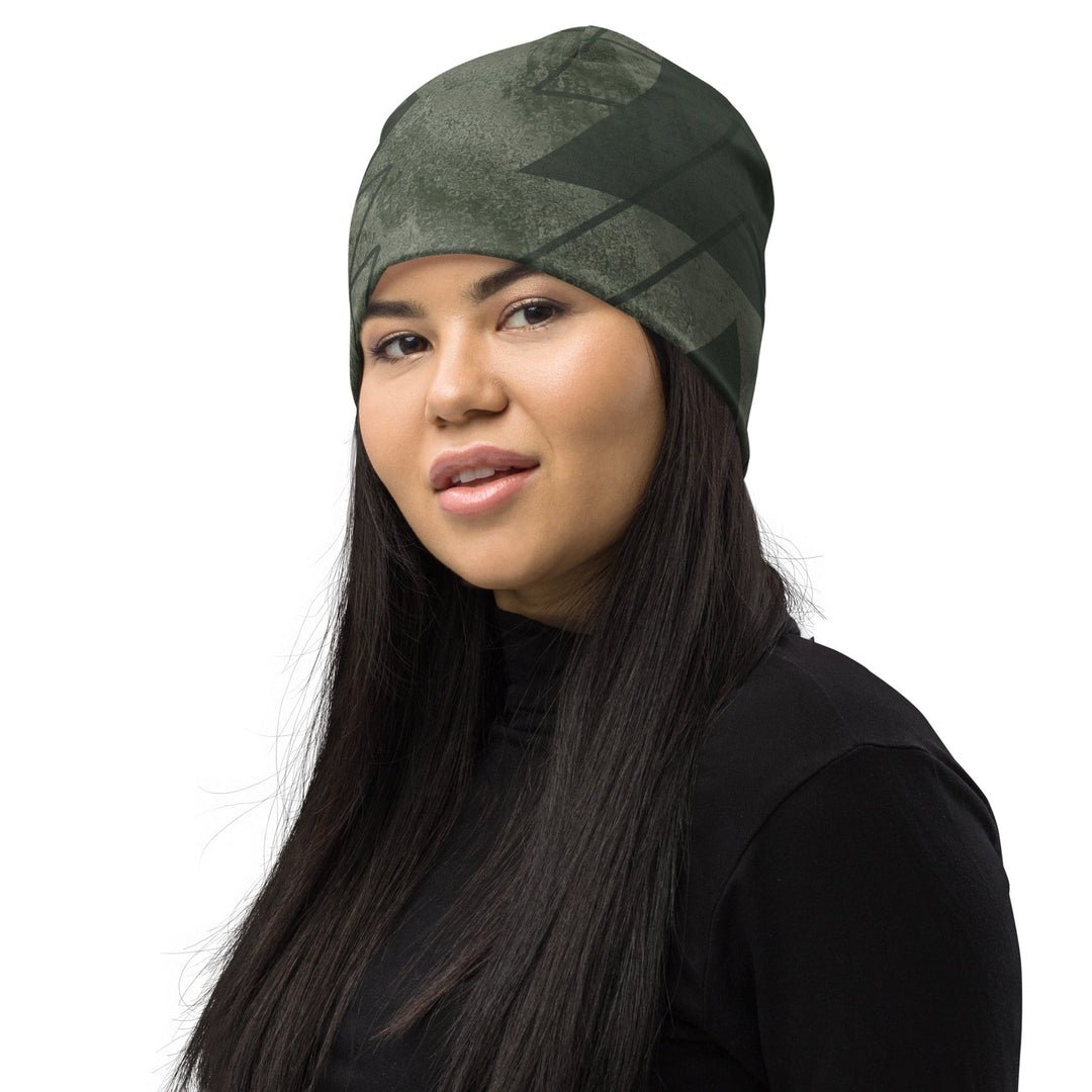 Double-layered Beanie Hat Olive Green Triangular Colorblock 2 - Unisex | Beanie