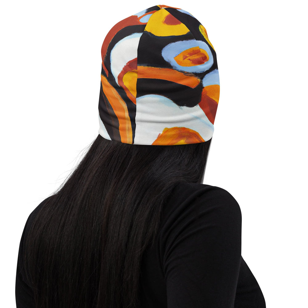 Double-layered Beanie Hat Orange Black White Geometric Print Pattern 2 - Unisex