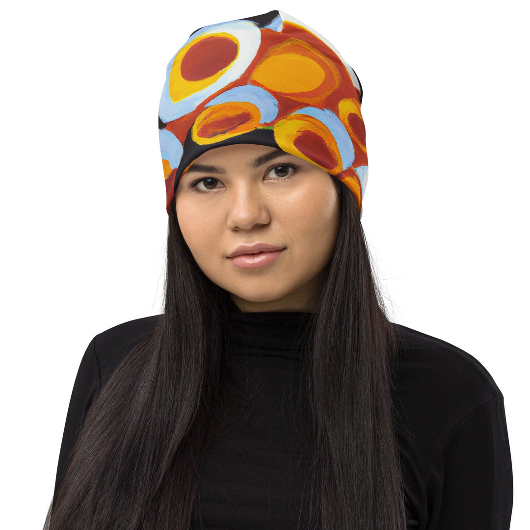 Double-layered Beanie Hat Orange Black White Geometric Print Pattern 2 - Unisex