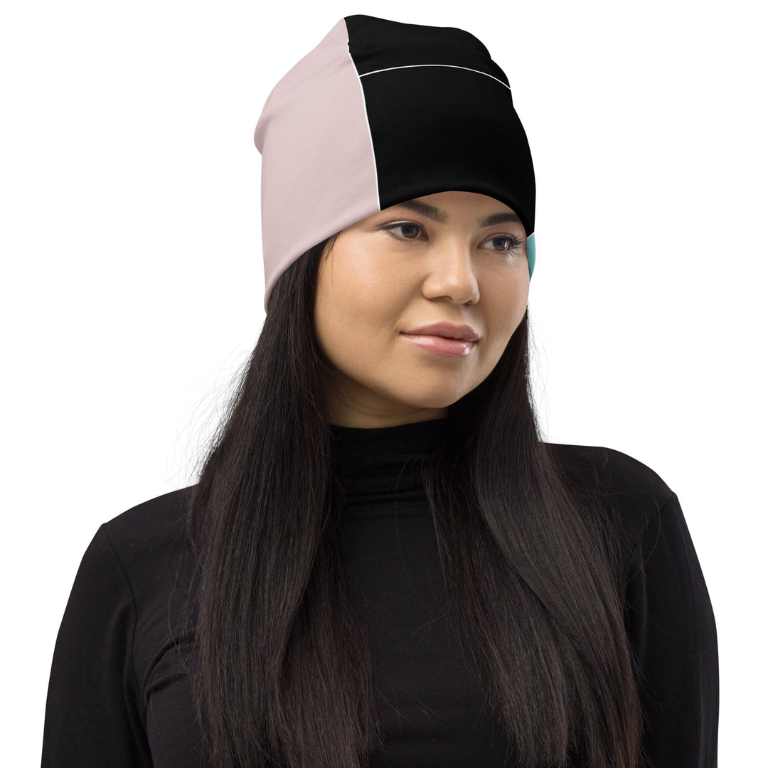 Double-layered Beanie Hat Pastel Pink Black Blue Colorblock Lines - Unisex