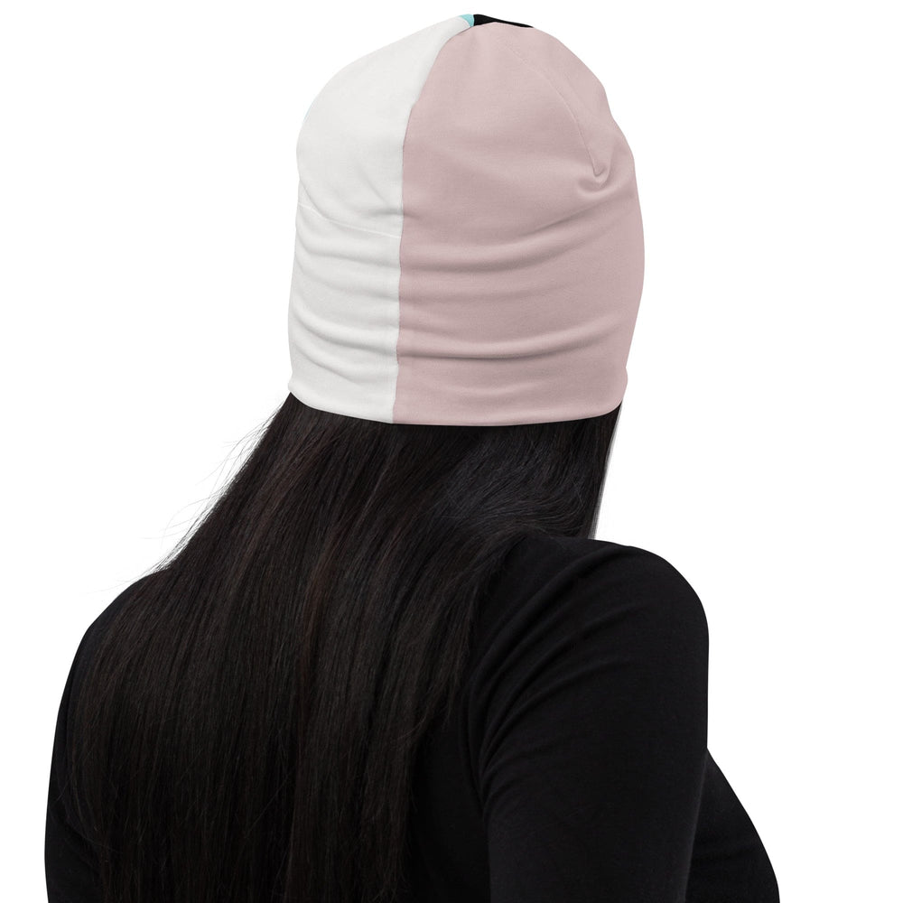 Double-layered Beanie Hat Pastel Pink Black Blue Colorblock Lines - Unisex