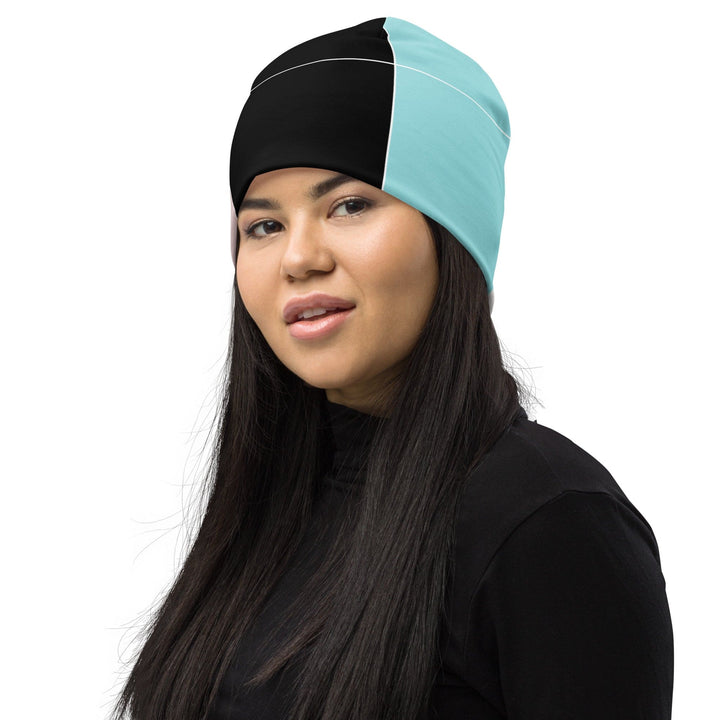 Double-layered Beanie Hat Pastel Pink Black Blue Colorblock Lines - Unisex