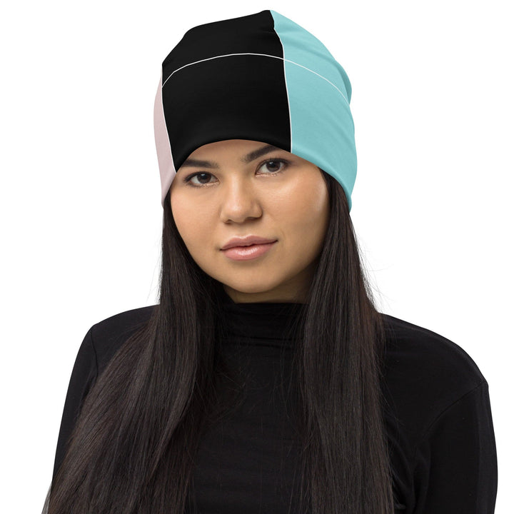 Double-layered Beanie Hat Pastel Pink Black Blue Colorblock Lines - Unisex