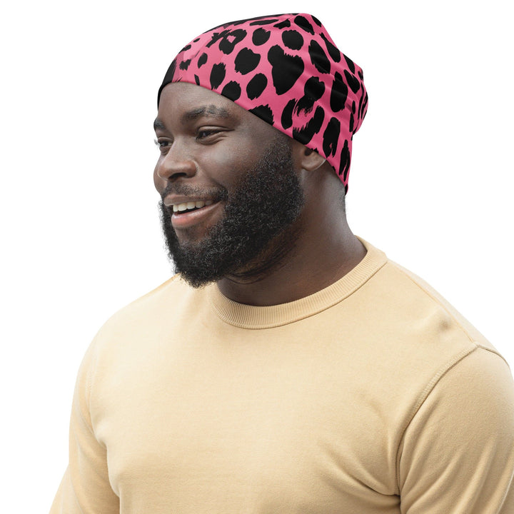 Double-layered Beanie Hat Pink Black Spotted Print - Unisex | Beanie Hats