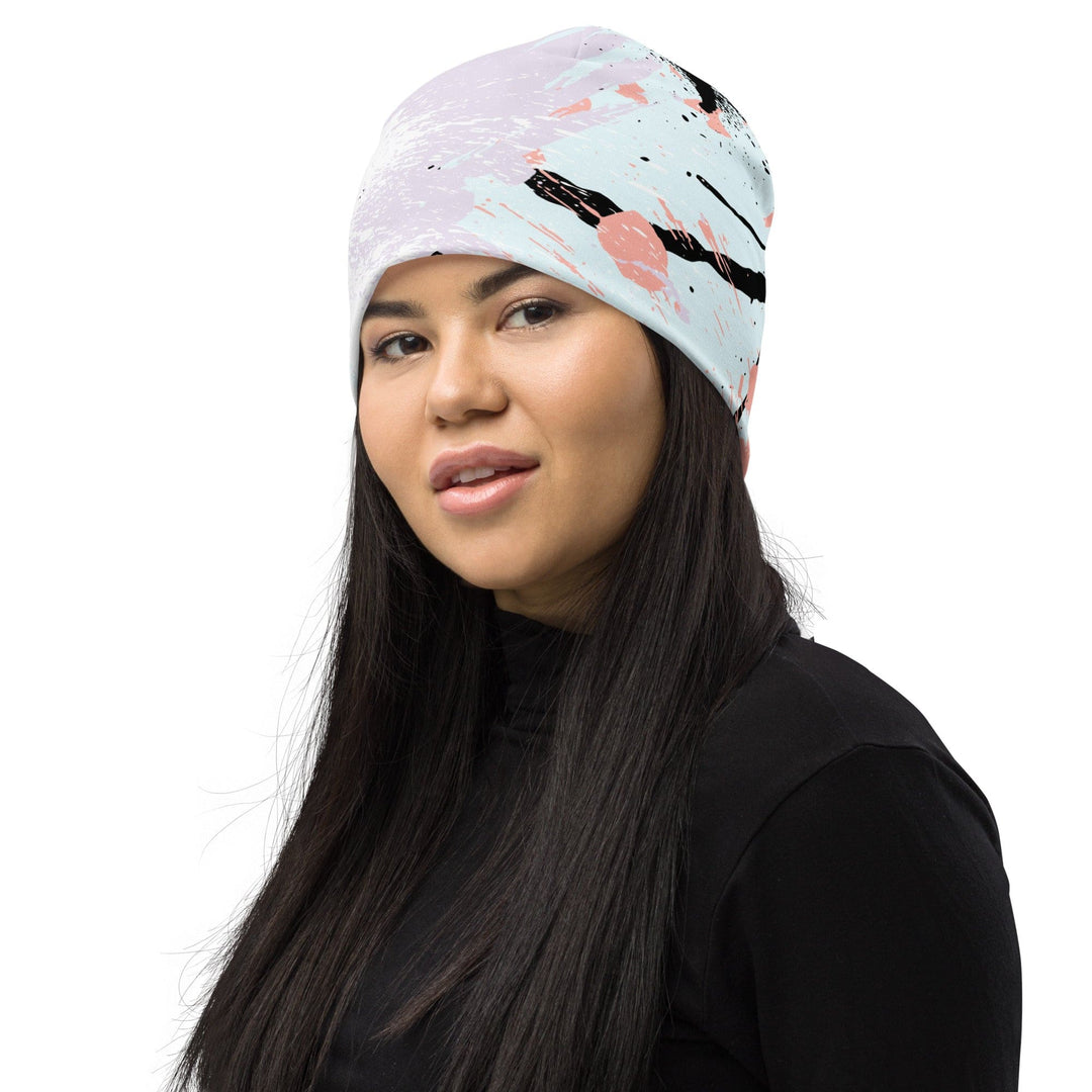 Double-layered Beanie Hat Pink Black Abstract Print 2 - Unisex | Beanie Hats