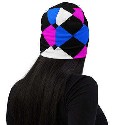 Double-layered Beanie Hat Pink Blue Checkered Pattern