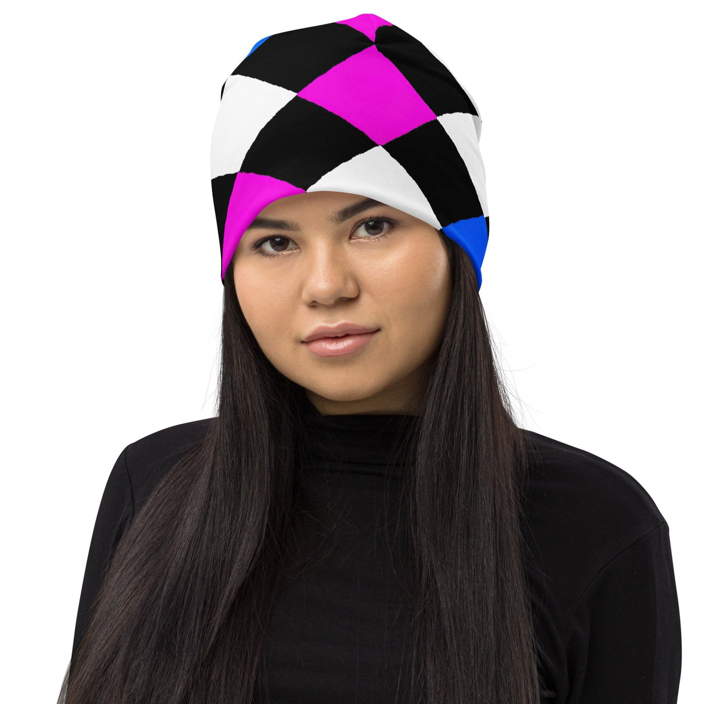 Double-layered Beanie Hat Pink Blue Checkered Pattern