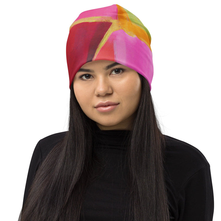 Double-layered Beanie Hat Pink Mauve Red Geometric Pattern 2 - Unisex | Beanie