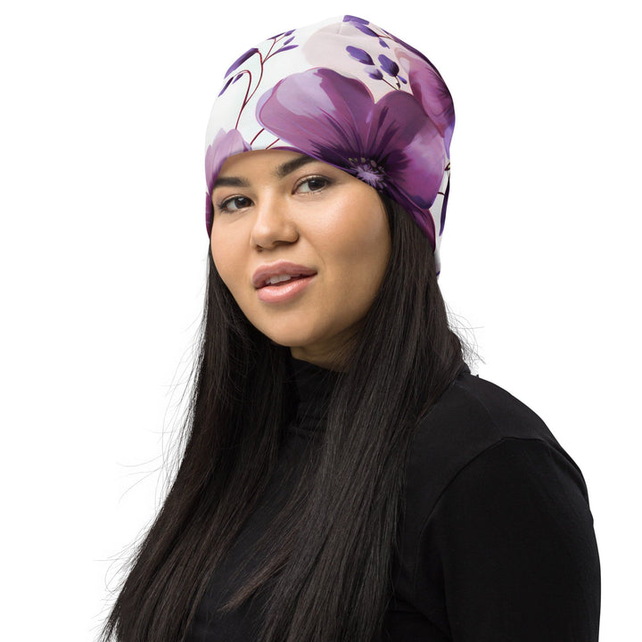 Double-layered Beanie Hat Purple Botanical Blooms 3 - Unisex | Beanie Hats