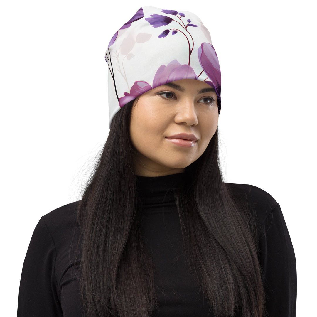 Double-layered Beanie Hat Purple Botanical Blooms 3 - Unisex | Beanie Hats