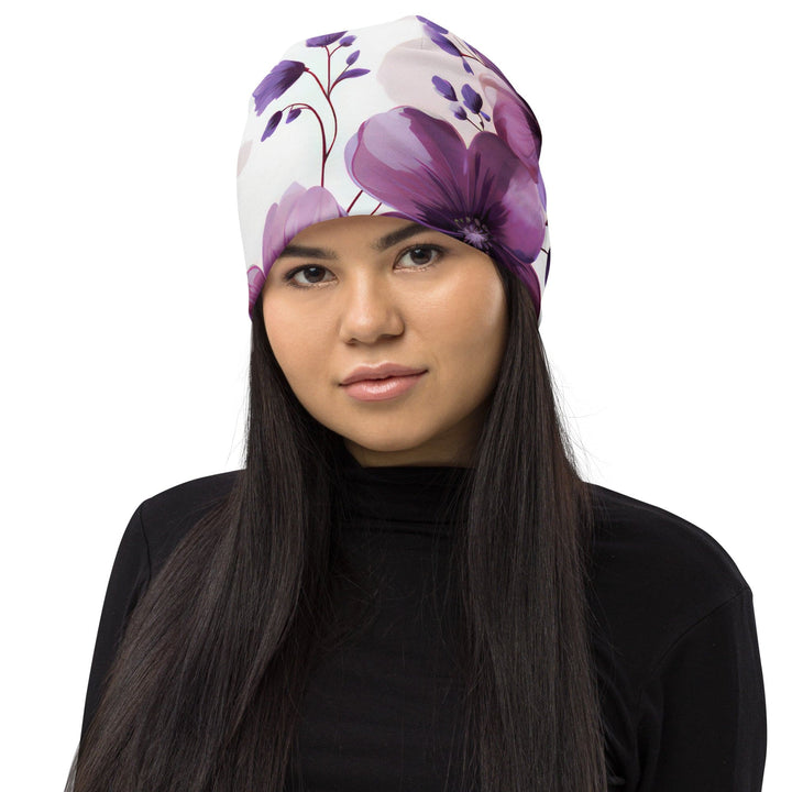 Double-layered Beanie Hat Purple Botanical Blooms 3 - Unisex | Beanie Hats