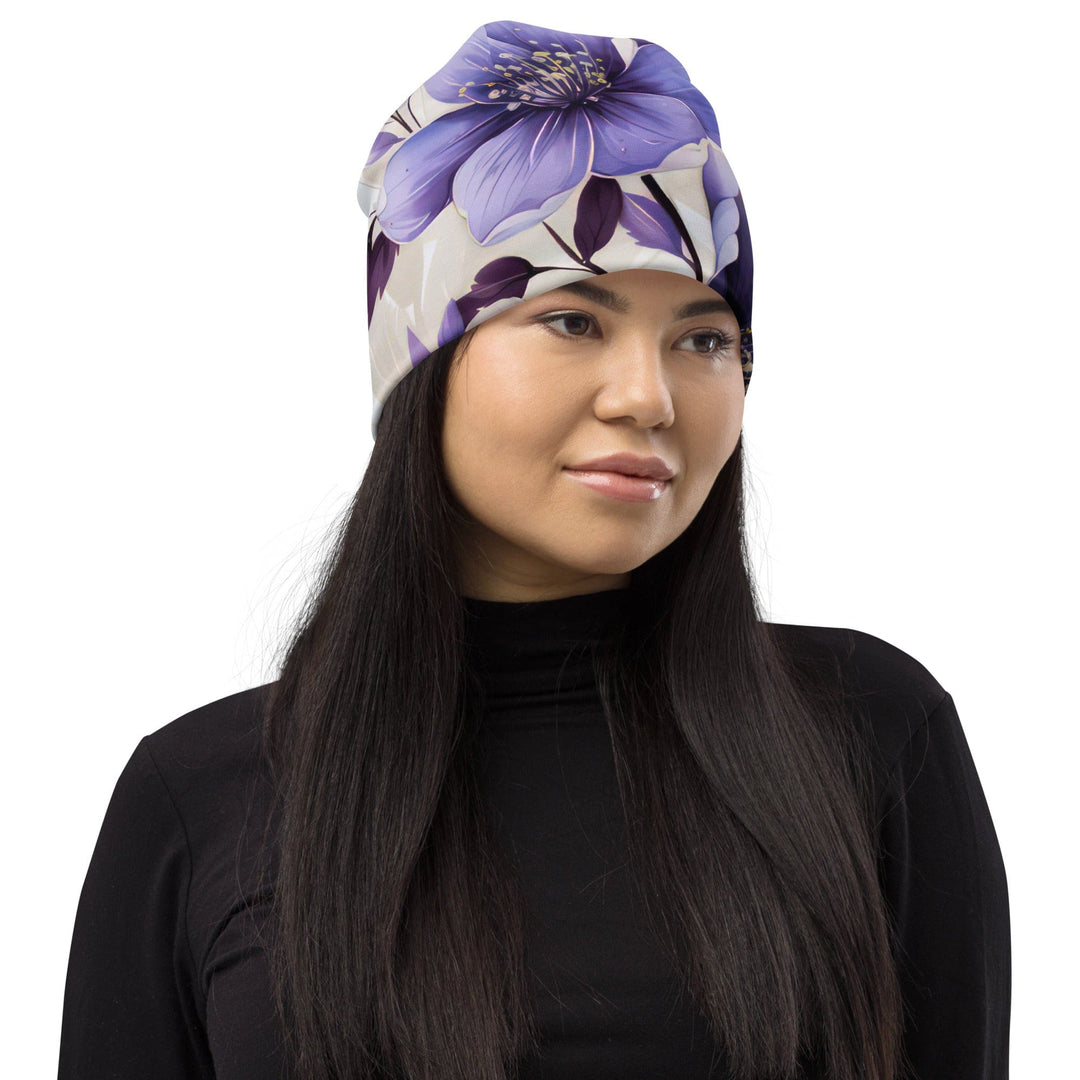 Double-layered Beanie Hat Purple Botanical Blooms 4 - Unisex | Beanie Hats