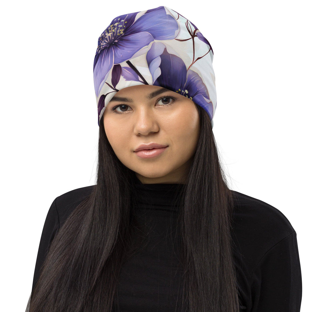 Double-layered Beanie Hat Purple Botanical Blooms 4 - Unisex | Beanie Hats