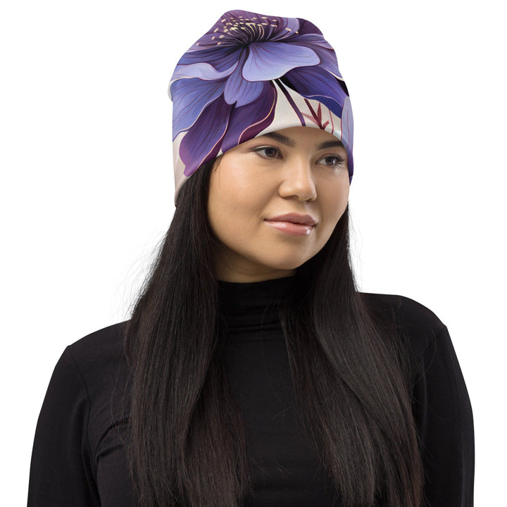 Double-layered Beanie Hat Purple Botanical Blooms - Unisex | Beanie Hats