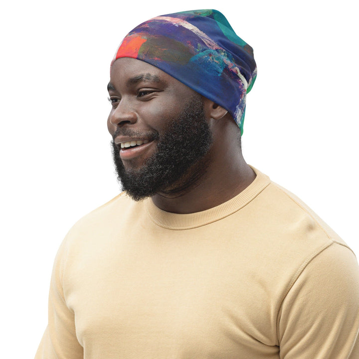 Double-layered Beanie Hat Red Blue Multicolor Abstract Print - Unisex | Beanie