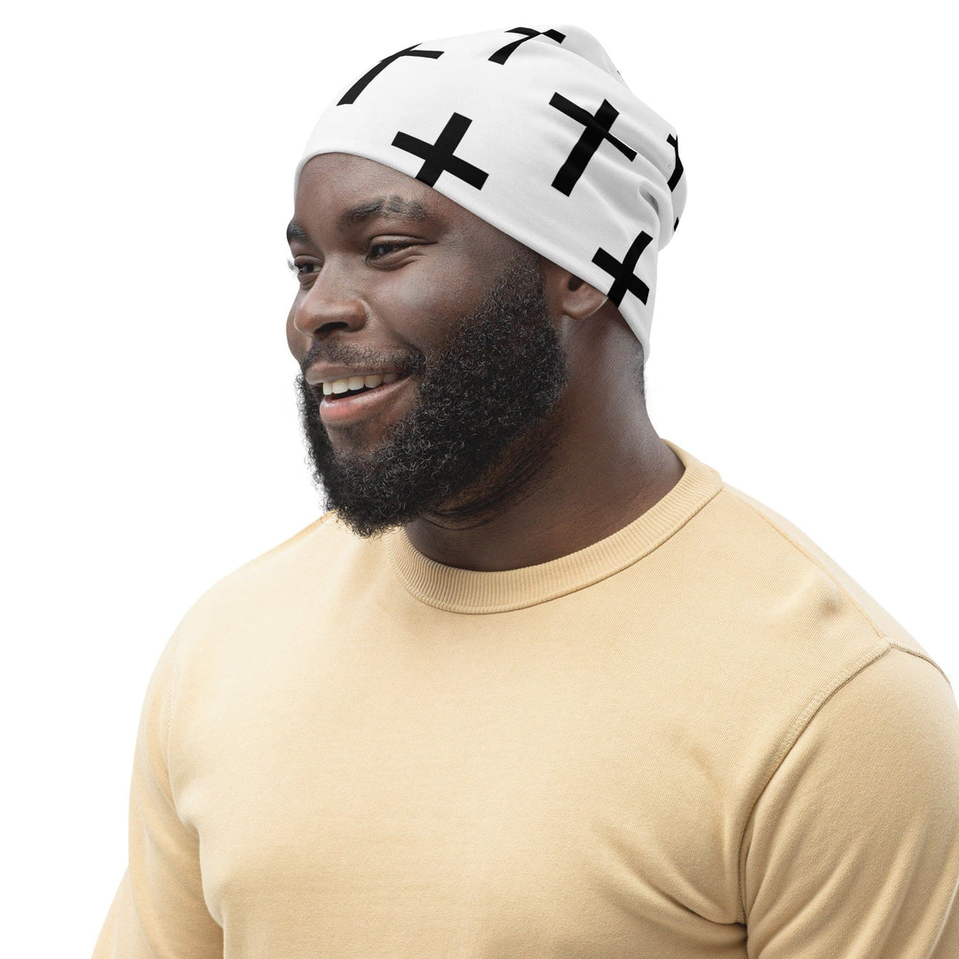 Double-layered Beanie Hat White Black Cross Print 2