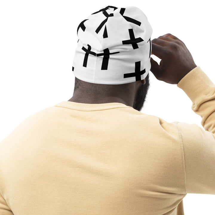 Double-layered Beanie Hat White Black Cross Print 2